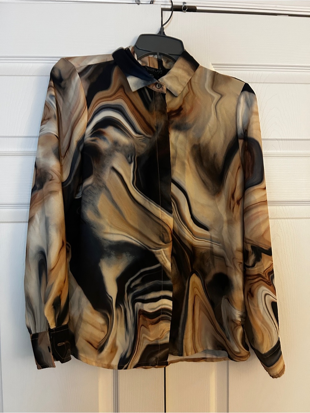 Rachel Zoe Marble-Print Long Sleeve Blouse - Black & Brown